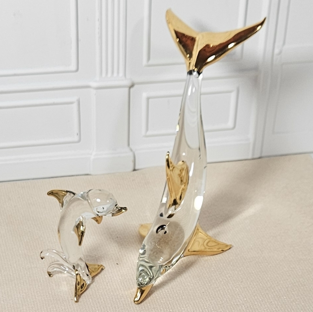 Pair Of Handmade Glass Dolphins With 24k Gold Accents